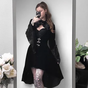 Elegantni Črni Frock Šivanje Čipke Obleko Gothic Lolita Obleko Votlih Nabrano Obleko Temne Ulične Nezakonitih Frock