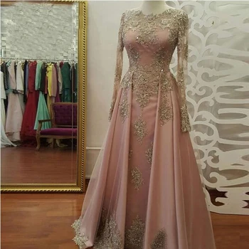Elegantno Arabski Abendkleider Satena Z Zlato Aplicirano Kristalno Dolg Rokav Večerne Obleke Ženske Večerne Stranke Obleke