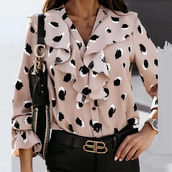 Elegantno Polka Dot Tiskanja Proti-Vrat Ruffle Bluzo Ženske Majice 2020 Jeseni Metulj Dolg Rokav Vrhovi Urad Dama Priložnostne Gumb Blusa