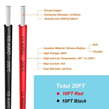 Električna Žica, ki 10AWG 5.26mm2 žice, Kabli 6 Meter [3m Črn In 3m Rdeč] Mehko in Prožno Pocinkane bakrene žice Visoke temperature