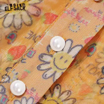 ELFSACK Multicolor Cvjetnim Tiskanja Prozorno Bluzo Očesa Ženske 2020 ELF Poletje Enotni Biseri Zapenjanje Ženske korejski Dnevno Vrhovi