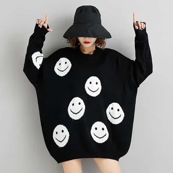 Enodelne Ženske obleke Smeška tiskanja Pulover 2020 Jeseni, Pozimi Plus velikost Svoboden Leni plesti pulover vrh Ženski Pulover Pulover