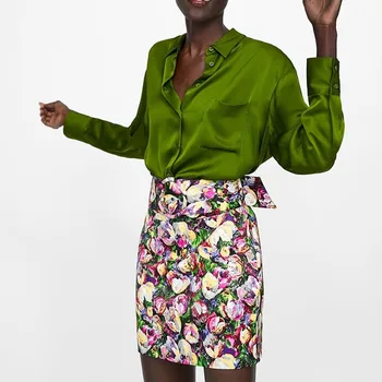 Evropski Stil Žensk Bluzo Svila Mehke Saten Zeleno Barvo Majice Svoboden Priložnostne High Street Vrhovi Lady ' s Modi Blusas Ženska Majica