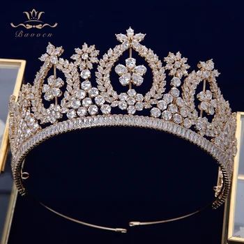 Evropski Zlato Polno Cirkon Kristalno Neveste Tiaras Kron Poroko Hairbands Royal Queen Večer, Lase, Nakit, Poročni Dodatki
