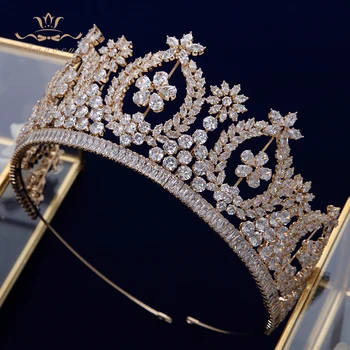 Evropski Zlato Polno Cirkon Kristalno Neveste Tiaras Kron Poroko Hairbands Royal Queen Večer, Lase, Nakit, Poročni Dodatki
