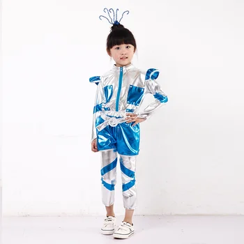 Fant ali Dekle Prostor Robot Kostum Modra Srebrna Astronavt Cospaly Uspešnosti Fazi Plesno predstavo Časa, Oblačila za Otroke