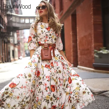 FLEUR LES Jeseni Ženska Obleka Cvjetnim Tiskanja Boho Priložnostne Obleko Maxi Elegantne Obleke za Ženske Obleke Vestido Ne Vključujejo Pasu
