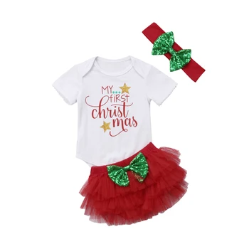 FOCUSNORM 3Pcs Božič Newborn Baby Dekleta Obleke z Dolgimi Rokavi Natisniti Pismo Romper Jumpsuit+Tutu Hlače, Obleke, Oblačila NAS