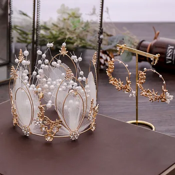 FORSEVEN Luksuzni Belo Pero Simulirani Pearl Krog Tiaras Krono Uhani Nakit Sklopov za Princess Ženske Poročne svate