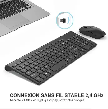Francoski postavitev brezžično tipkovnico in miško kombinacija.USB2.4G.Polnilna AZERTY tipkovnica ergonomska, primeren za RAČUNALNIK/prenosnik/TV