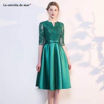Gaun pesta dewasa nove seksi Proti-vrat pol-sleeved čipke saten Črto Smaragdno zelena družico obleko Čaj haljo demoiselle d'honneur
