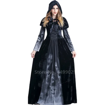 Halloween Ženske Srednjeveške Gotike Čarovnica Maleficent Groza Strašne Cosplay Pustni Kostum Stranka Duha Dolgo Črno Obleko Hooded
