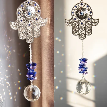 H&D Oknu Visi Kristalno Suncatcher Ornament z Hamsa Strani pa Modre Zlo Zaščito za Oči čarobne gumbe Za Dom Vrt Odlikovanja