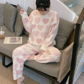 HAOOHU 2020 pozimi nove ženske pižame doma obleko modne mlado srce tiskanja pearl svoboden vrhovi, hlače 2-pc določa mehko sleepwear