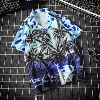 Hawaiian moška Majica Priložnostne Svoboden Moda High Street Majice Kratek Rokav River Poletje Nove Stranke Klub Gumb Udobno