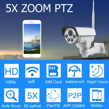 HD 1080P 3G 4G Kartico SIM Fotoaparata Wifi Prostem PTZ Kamera Bullet Brezžični IR 50M 5X Povečavo, Samodejno Ostrenje CCTV Wi-Fi IP Kamere