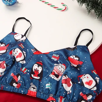 HECHAN Srčkan Pingvin Vzorec Božič Pižamo Ženske Saten Špageti Trak Tiskanja Hlače Dva Kosa Določa Ženski Sleepwear Noč