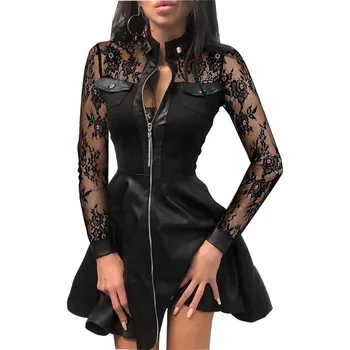 High Street S-Line Žepi Houndstooth Obleka ženska 2020 Čipke Preplete natisni zip pocket PU obleko za ženske črna obleka Polno