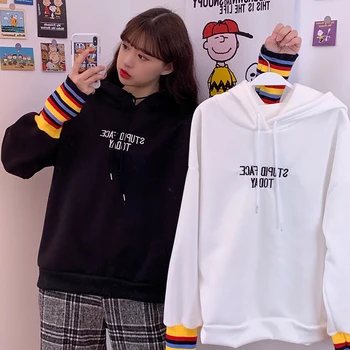 Hooded Majica Ženska korejski Modni Pulover Priložnostne Hoodies Dolg Rokav Ulične Svoboden Pismo vezenje mozaik hoodie