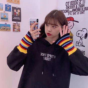 Hooded Majica Ženska korejski Modni Pulover Priložnostne Hoodies Dolg Rokav Ulične Svoboden Pismo vezenje mozaik hoodie