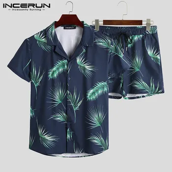 INCERUN Mens Natisnjeni Kompleti Kratek Rokav River Priložnostne Majice Hlače Modni Udobno, Mens Poletje Hawaiian Obleke Ulične 5XL