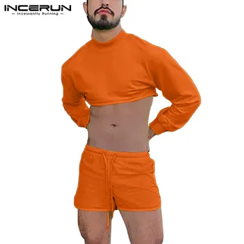INCERUN Moda za Moške Določa Barva Dolg Rokav Crop Tops Plaža Hlače Ulične Dihanje Mens Priložnostne Obleke, 2 Kosa S-5XL 7