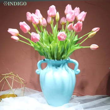 INDIGO-(3 cvetje+2 bud) Pink Tulipanov Šopek Pravi Dotik Silikonski Tulipanov Visoke Kakovosti Doma Dekoracijo Umetnih Cvet Zaslon