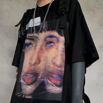 Ins Evropi high street temno pogreb sub-prisilno portret tiskanje hip-hop retro svoboden kratek sleeved majica s kratkimi rokavi moški ženske