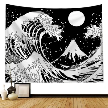 Japonska tapiserija steno doma dekor morje val luna stenske preproge tapijt muur velike stene krpo wanddoek