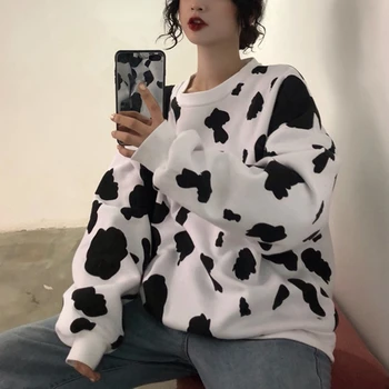 Japonski Jeseni Ženska Moda Svoboden Dolg Rokav Hoodies Priložnostne Trenirke Nove Krava Mleko, Natisnjena Hoodie Majica Ženske