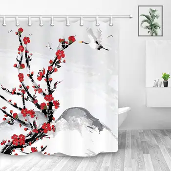 Japonski Rdeči Češnjev Cvet Cvet v Gorskih z Belo Žerjav Tuš Zavesa