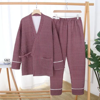 Jeseni, Pozimi Japonski Par Kimono Pižamo Ženske, Bombaž Zračni Sloj Dolgo Sleeved Prešite Men ' s Plus Velikost Sleepwear Obleko