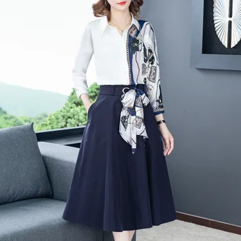 Jeseni Priložnostne Offoce Belo Dva Kosa Midi Obleko 2021 Korejski Letnik Plus Velikost Majica Obleke, Ženske Elegantne Bodycon Stranka Vestidos