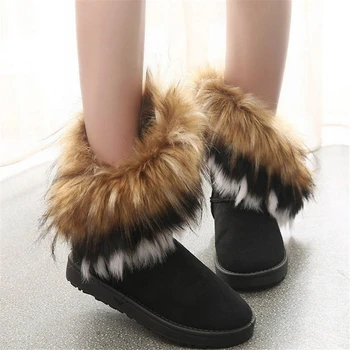 JIANBUDAN visoki škornji Umetno krzno škornji ženske, topla Imitacija lisica krzno ravno sneg škornji Pozimi toplo Plišastih Bombaž čevlji