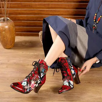 Johnature Pravega Usnja Visoke Pete, Čevlji Ročno poslikano Krog Toe Ženske Čevlje 2020 Novo Reliefi Navzkrižno vezani Retro Platformi Čevlji