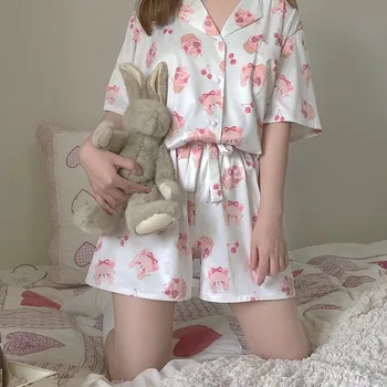 Kawaii Pižamo za Ženske Svile Pižame Sleepwear Ženska Hlače Srčkan Risanka Tiskanja Pijama Saten Homewear Poletje Ženski Set Pijama