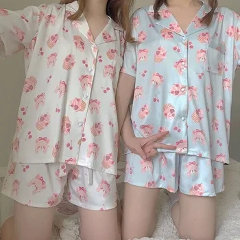 Kawaii Pižamo za Ženske Svile Pižame Sleepwear Ženska Hlače Srčkan Risanka Tiskanja Pijama Saten Homewear Poletje Ženski Set Pijama
