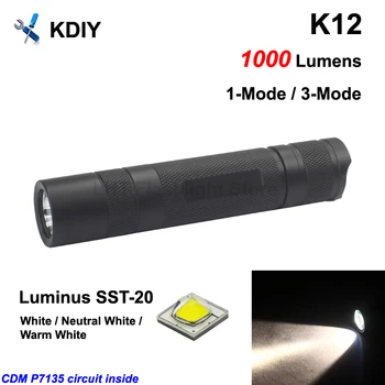KDIY K12 SST-20 1000 Lumnov LED Svetilka - Črna ( 1x18650 )