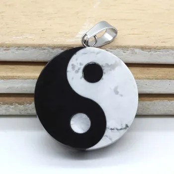 KFT Silver Plated Bela Howlite Black Agate Kamen Yin in Yang Osem Diagram Taoism Simbol Talisman Amulet Yin in Yang Obesek