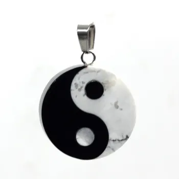 KFT Silver Plated Bela Howlite Black Agate Kamen Yin in Yang Osem Diagram Taoism Simbol Talisman Amulet Yin in Yang Obesek