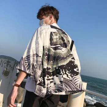 Kitajski Slog Cardigan Tiskanja Zmaj Moških In Žensk Kimono Yukata Haori Haljo Japonski Jopico Kul Ulične Poletje Tanko Plast