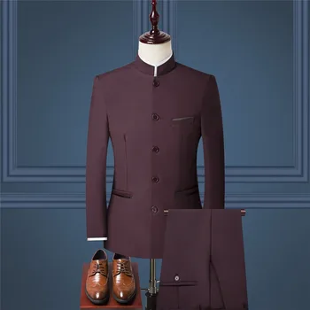 Kitajski Slog Mens 2 Kos Obleko ( Blazer + Hlače) Jeseni Nova blagovna Znamka Moških Retro Suknjič in Hlače, Črno Modra Rdeča Plus Velikost S-6XL