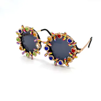 Klasičen Retro Krog Nosorogovo Cvet sončna Očala Ženske Oblikovalec Ročno Poletje Kristalno Dame sončna Očala gafas A1