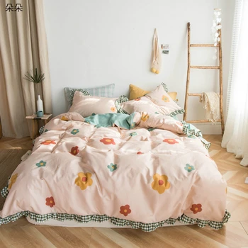 Korejski bombaža posteljni set Velike lotus listov Sivi bedspread vezene čipke nastavite bowknot Luksuzni princesa natisnjeni odeja pokrov