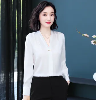 Korejski Moda Svile Ženske Bluze Saten Urad Dama