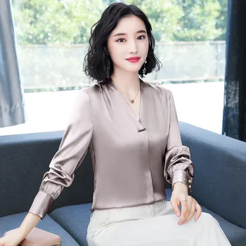 Korejski Moda Svile Ženske Bluze Saten Urad Dama