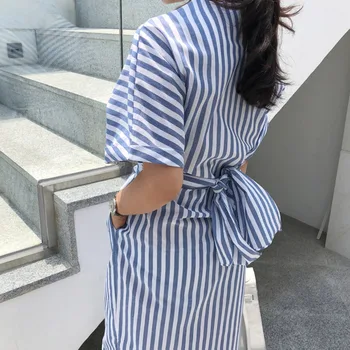 Korejski Ženske Poletje Bombaž Modro Črtasto Povoj Split Dolga Obleka Ženska Dolgo Bodycon Plus Velikost Vestido Haljo Femme Ete Sukienki