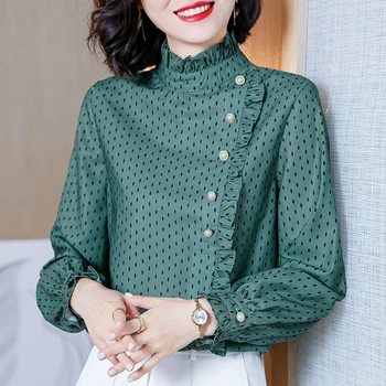 Korejskih Žensk, Ženska Bluza z Dolgimi Rokavi Ženske Bluze Šifon Bluzo Srajce Letnik Ženska Ruffles Bluze OL Polka Dot Print Majica