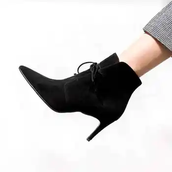 Krazing Pot nove ovce antilop čipke Chelsea škornji stiletto visokih petah ulične konicami prstov model modni brvi ženske škornji L31