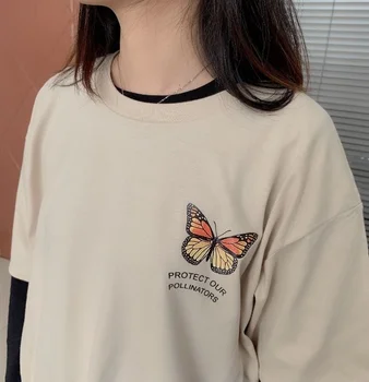 Kuakuayu HJN Metulj Žep Natisne Majica Butterfly Ruffle Majica s kratkimi rokavi za Priložnostne Poletje Srčkan Trdna Kratek Rokav Stretchy Tshirt